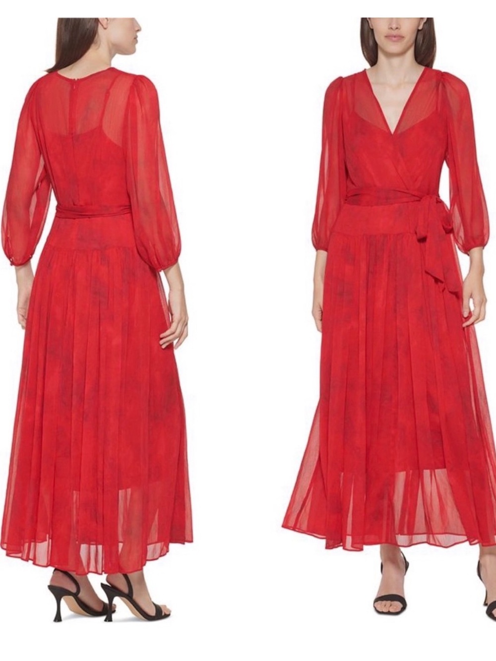 Calvin Klein Red Sheer Wrap Maxi Dress
